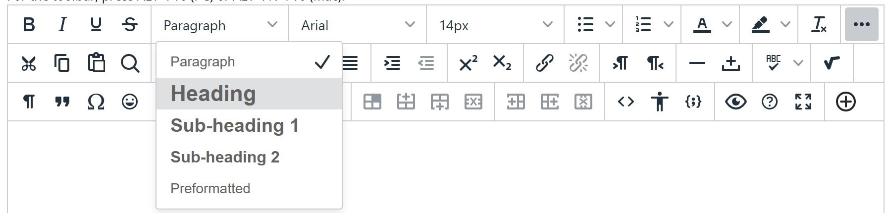Blackboard toolbar with heading level menu visible
