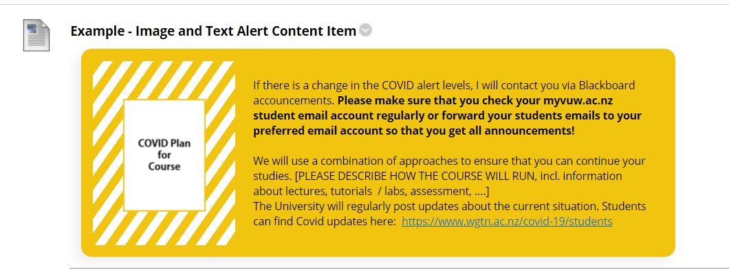 Example COVID-19 teaching altert, which is a yellow Blackboard item stating information about how the course will react to COVID-19 alert level changes.