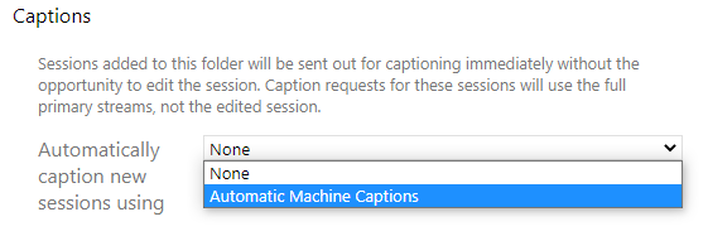 Screenshot of the drop down menu to select 'automatic machine captions'